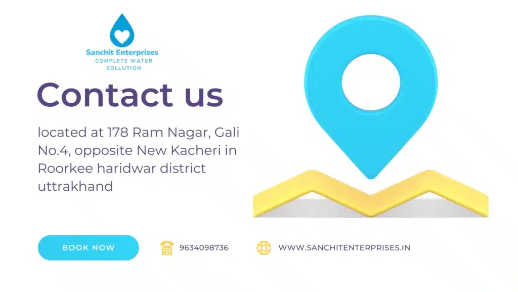 Sanchit Enterprises aquaguard RO Service Center location at 178 Ram Nagar, Gali No.4 in Roorkee, featuring a map marker for easy navigation